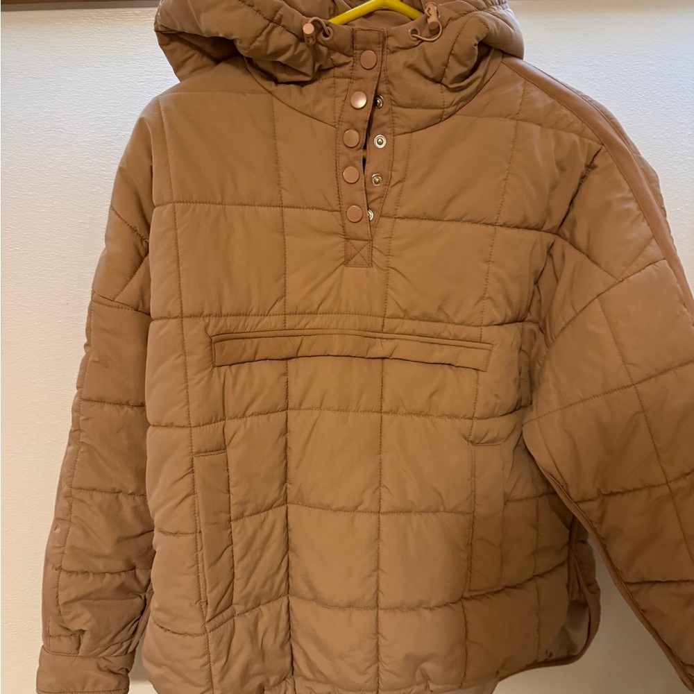 Quilted Hooded Puffer Jacket — Tan, Snap Front, Cozy Oversized Fit